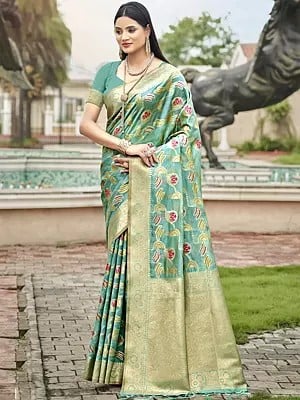 Traditional Wear Floral Motif Border Organza Saree With Tassels Pallu