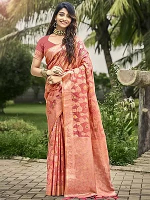 All Over Leaf Motif Organza Saree With Tassels Pallu And Blouse