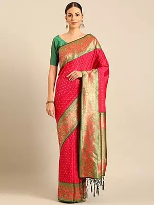 Reddish-Pink Small Butti Banarasi Silk Saree With Floral Border And Tassels Pallu