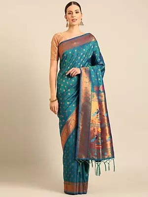 Teal-Blue Banarasi Silk Saree With Peacock Motif Pallu And Tassels