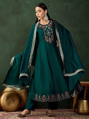 Dark-Teal Vichitra Floral Embroidery And Hand Work Round Neck Silk Festival Wear Kurta With Trouser & Dupatta