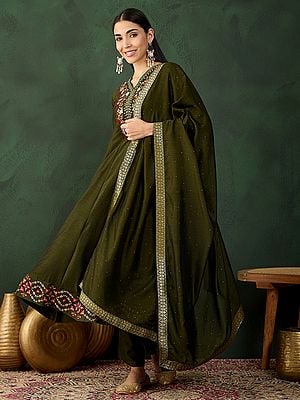 Thatch-Green Vichitra Silk Round Neck Floral Embroidery And Hand Work Kurta With Trouser & Dupatta