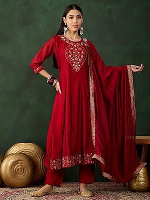 Vivid-Burgundy Vichitra Floral Embroidery And Hand Work Round Neck Silk Kurta With Trouser & Dupatta