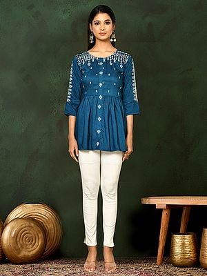 Chathams-Blue Viscose Blend Embroidered And Ethnic Motifs Designer Round Neck Short Top