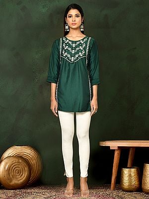 Everglade Round Neck Viscose Blend Embroidered And Ethnic Motifs Casual Short Top