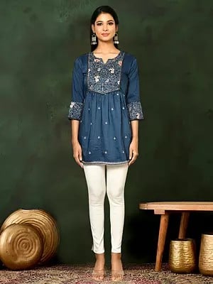 Blue-Jay Viscose Blend Embroidered And Ethnic Motifs Casual Round Neck Short Top