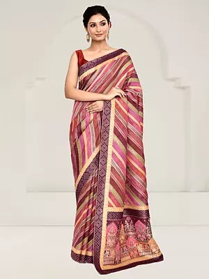 Rankat Tussar Silk Kalamkari Work Woven Design Strip Pattern Saree With Blouse & Tassels Pallu