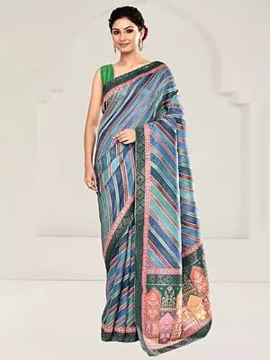 Rankat Tusser Silk Kalamkari Work Woven Design Stripe Pattern Saree With Blouse & Tassels Pallu