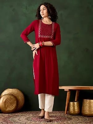 Wine-Red Viscose Rayon Floral Embroidered Round Neck Casual Kurta For Festival Occasion