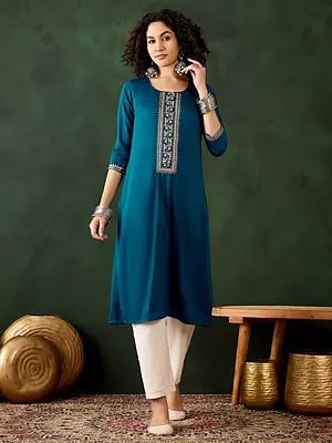 Venice-Blue Chinon Floral Embroidered Round Neck Designer Straight Kurta For Casual Occasion