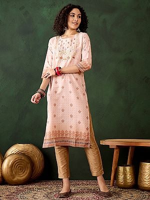 Peach-Schnapps Poly Rayon Floral Printed Straight Round Neck Kurta For Casual Occasion