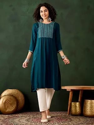 Moroccan-Blue Viscose Rayon Floral Embroidered Round Neck Casual Kurta For Festival Occasion