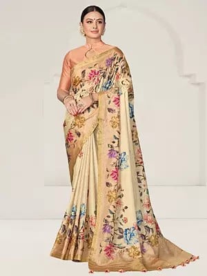 Double-Spanish-White Rangkat Tussar Silk Woven Design Floral And Sequence Embroidered Saree With Blouse