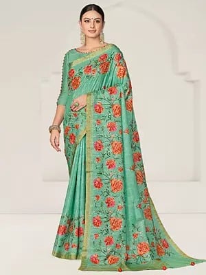 Greeny-Blue Rangkat Tussar Silk Woven Design Floral And Sequence Embroidered Saree With Blouse