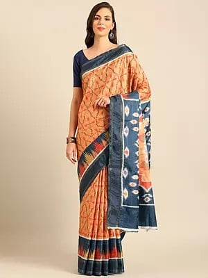 Light-Orange Contrast Border Cotton Traditional Saree With Blouse