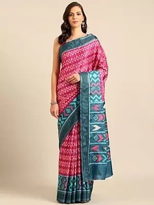 All Over Zig-Zag Motifs Cotton Saree With Blouse And Geometrical Pallu