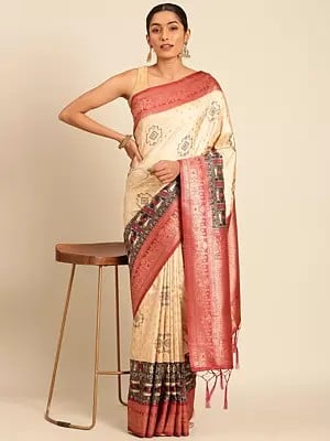 Silk Printed Designer Saree With Contrast Border And Tassels Pallu