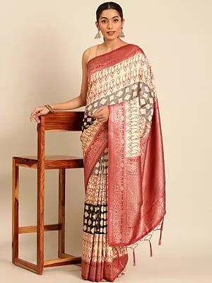 Silk Printed Attractive Saree With Contrast Border And Tassels Pallu For Festival Occasion