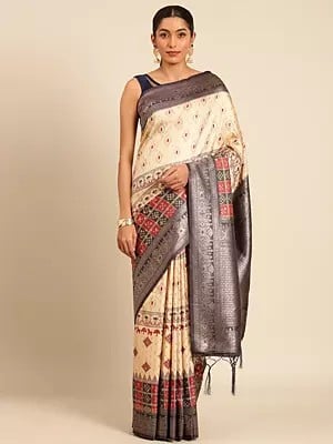 Silk Digital Print Beautiful Saree With Contrast Border And Tassels Pallu