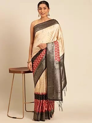 Zig-Zag Pattern Silk Designer Saree With Contrast Border And Tassels Pallu