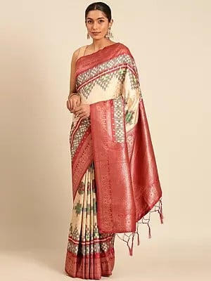 Geomatric Pattern Printed Silk Saree With Blouse And Tassels Pallu