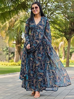 Party Wear Georgette Flared Full Sleeve Paisleys Printed Gown with Tassels Dupatta