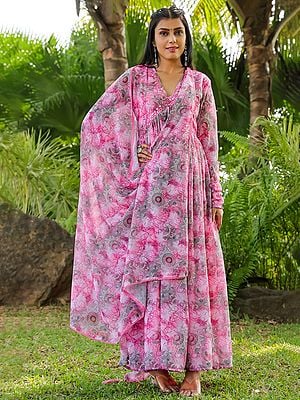 Deep-Blush Georgette Flared Full Sleeve Floral Gown With Tassels Dupatta For Party Occasion