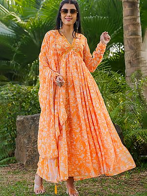 Atomic-Tangerine Georgette Party Wear Flared Full Sleeve Floral Gown with Tassels Dupatta