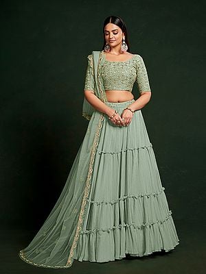 Pale-Leaf Faux Georgette Thread & Sequins Embroidery Work Designer Lehenga Choli With Dupatta