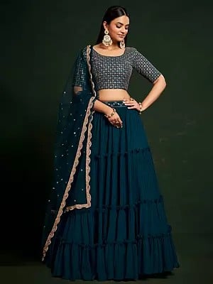 Sherpa-Blue Faux Georgette Sequins Embroidery & Thread Work Designer Choli with Dupatta