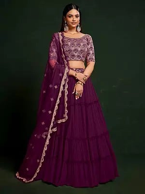 Mulberry-Wood Faux Georgette Thread & Sequins Embroidery Work Lehenga Choli With Dupatta