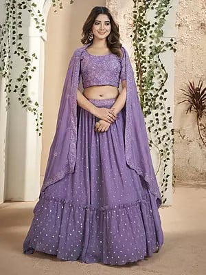 Lavender-Purple Faux Georgette Thread & Sequins Embroidery Work Designer Lehenga Choli With Dupatta