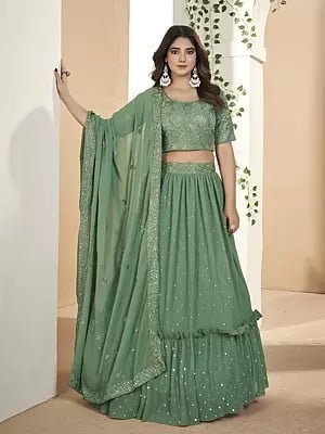 Slate-Green Faux Georgette Thread & Sequins Embroidery Work Lehenga Choli With Dupatta