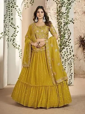 Yellow-Ochre Faux Georgette Thread & Sequins Embroidery Work Party Wear Lehenga Choli With Dupatta