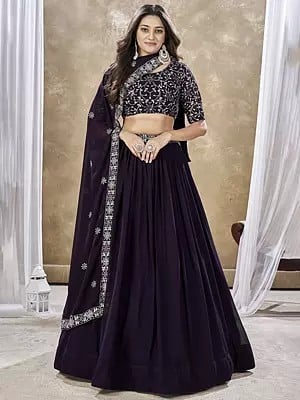 Bleached-Cedar Faux Georgette Zari & Sequins Embroidery Work Lehenga With Mirror Work Choli & Dupatta