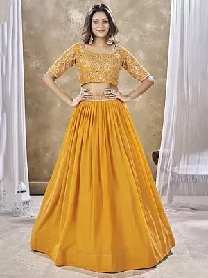 Fuel-Yellow Faux Georgette Sequins Embroidery & Zari Work Lehenga With Mirror Work Choli & Dupatta