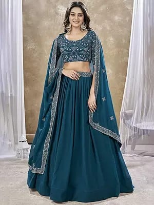 Peacock-Blue Faux Georgette Zari & Sequins Embroidery Work Lehenga With Mirror Work Choli & Dupatta