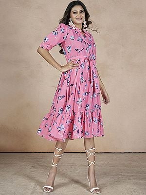 Soft-Pink Western Floral Printed Cotton Short Maxi Dress For Party Occasion