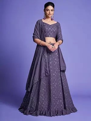 Diamond Georgette Thread  & Sequins Embroidery Work Lehenga Choli With Dupatta For Party Occasion