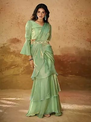 Dusty-Green Beads And Hand Work Party Wear Designer Organza Saree With Blouse