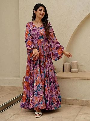 Heavy Air Tex Chinon Digital Printed Anarkali Fully Flared Gown For Festival Occasion