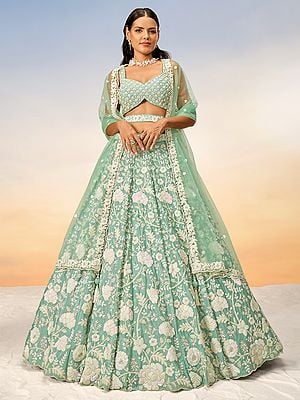 Summer-Green Poly Georgette All Over Floral Embroidery Lehenga Choli With Net Tassels Dupatta