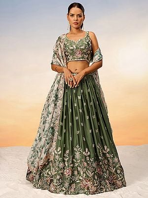 Poly Chiffon Embroidery And Sequins Work Designer Lehenga Choli With Net Floral Dupatta