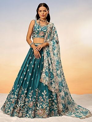 Greenish-Blue Poly Chiffon Embroidery And Sequins Work Designer Lehenga Choli With Net Floral Dupatta