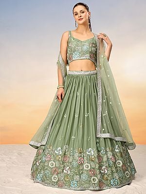 Poly Georgette Embroidery And Sequins Work Designer Lehenga Choli With Net Tassels Dupatta