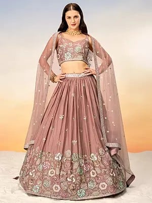 Oriental-Pink Poly Georgette Embroidery And Sequins Work Designer Lehenga Choli With Net Tassels Dupatta