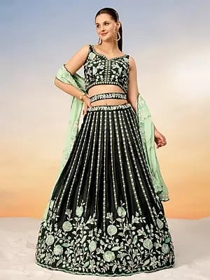 Dark-Jungle-Green Satin All Over Embroidery Work Party Wear Lehenga Choli & Tasslels Poly Georgette Dupatta