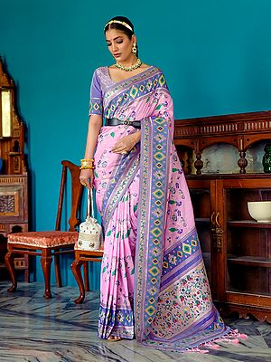sari All Over Floral Motif Meenakari Zari Woven Saree in