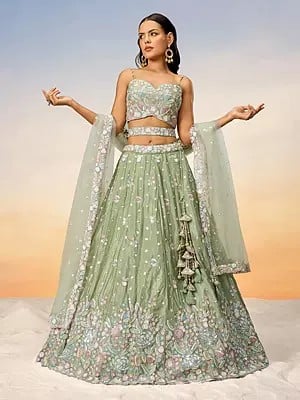 Poly Chiffon Sequins And Embroidery Work Designer Lehenga Choli With Net Tassles Dupatta