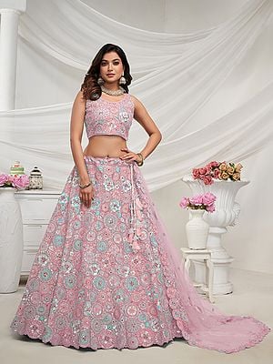 Floral Embellishments Stunning Party Wear Lehenga Choli With Tassels & Soft Net Dupatta